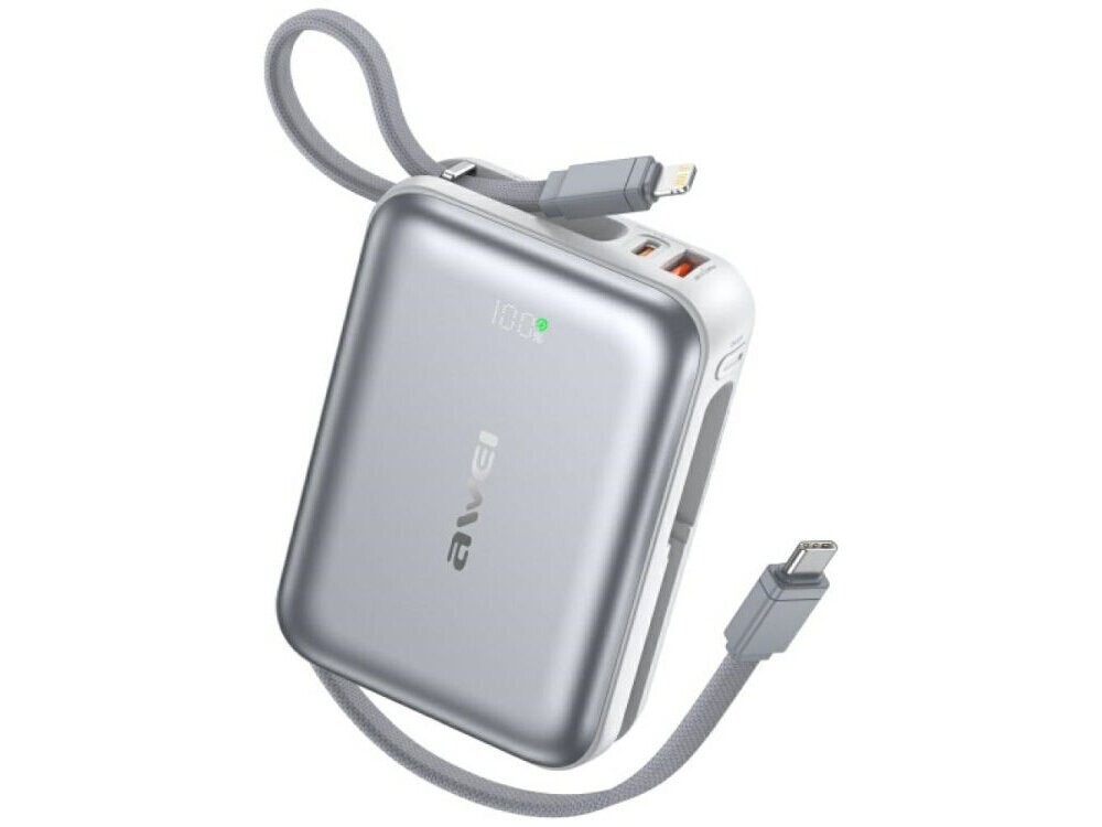 Powerbank AWEI C03 20000 mAh 45W Srebrny, awei c03 powerbank 20000mah 45w usb c lightning srebrny led szybkie ladowanie, Powerbank z dwoma wbudowanymi kablami USB.