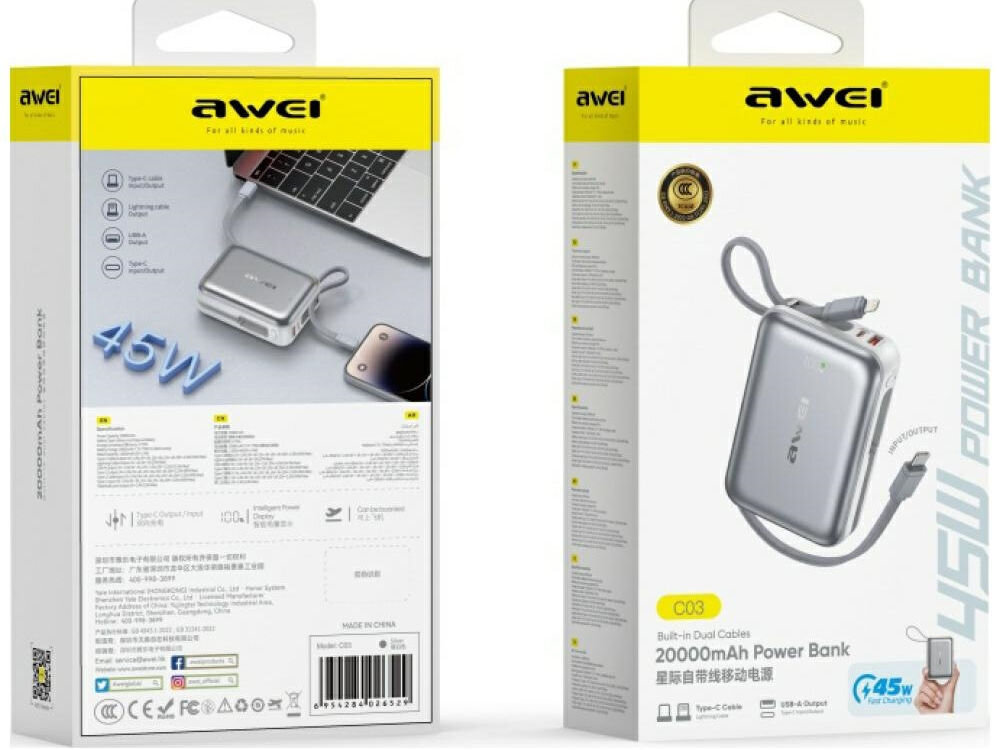 Powerbank AWEI C03 20000 mAh 45W Srebrny, powerbank awei c03 20000mah kabel lightning usb c led srebrny, Pudełko powerbanku widoczne z przodu i z tyłu.