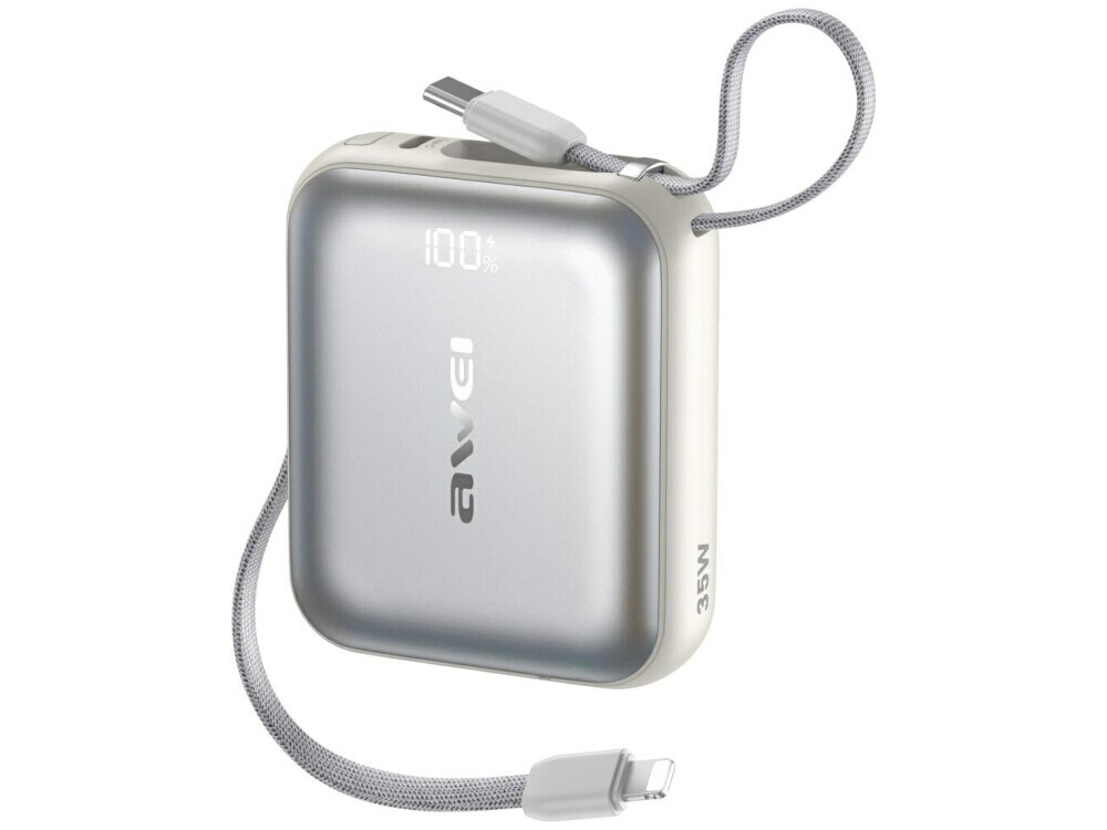 Srebrny powerbank z wyświetlaczem pokazującym \'100%\' oraz logo \'awei\'. Na boku widoczny jest napis \'35W\', a do urządzenia dołączony jest szary kabel z końcówką USB-C.