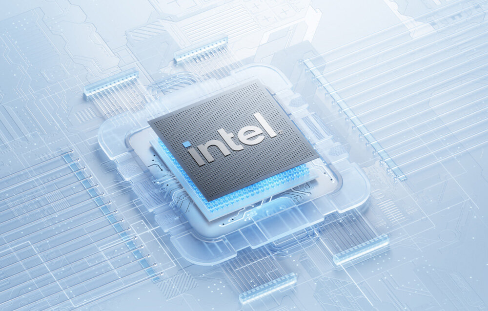 Komputer MINISFORUM M1 Plus Procesor Intel umieszczony na nowoczesnej, błękitnej płytce drukowanej, symbolizujący wydajność mini komputera.