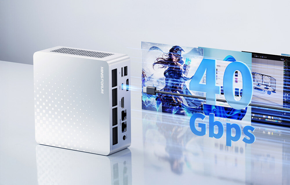 Komputer MINISFORUM M1 Plus Tył mini komputera z podświetlonym portem USB4 i grafiką informującą o przepustowości przesyłu danych 40 Gbps.