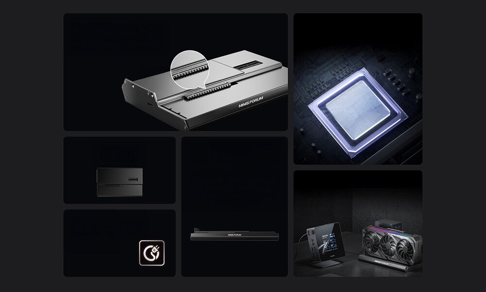 Stacja dokująca MINIS FORUM DEG1 Oculink Czarna stacja dokująca MINIS FORUM na białym tle pokazana z góry.