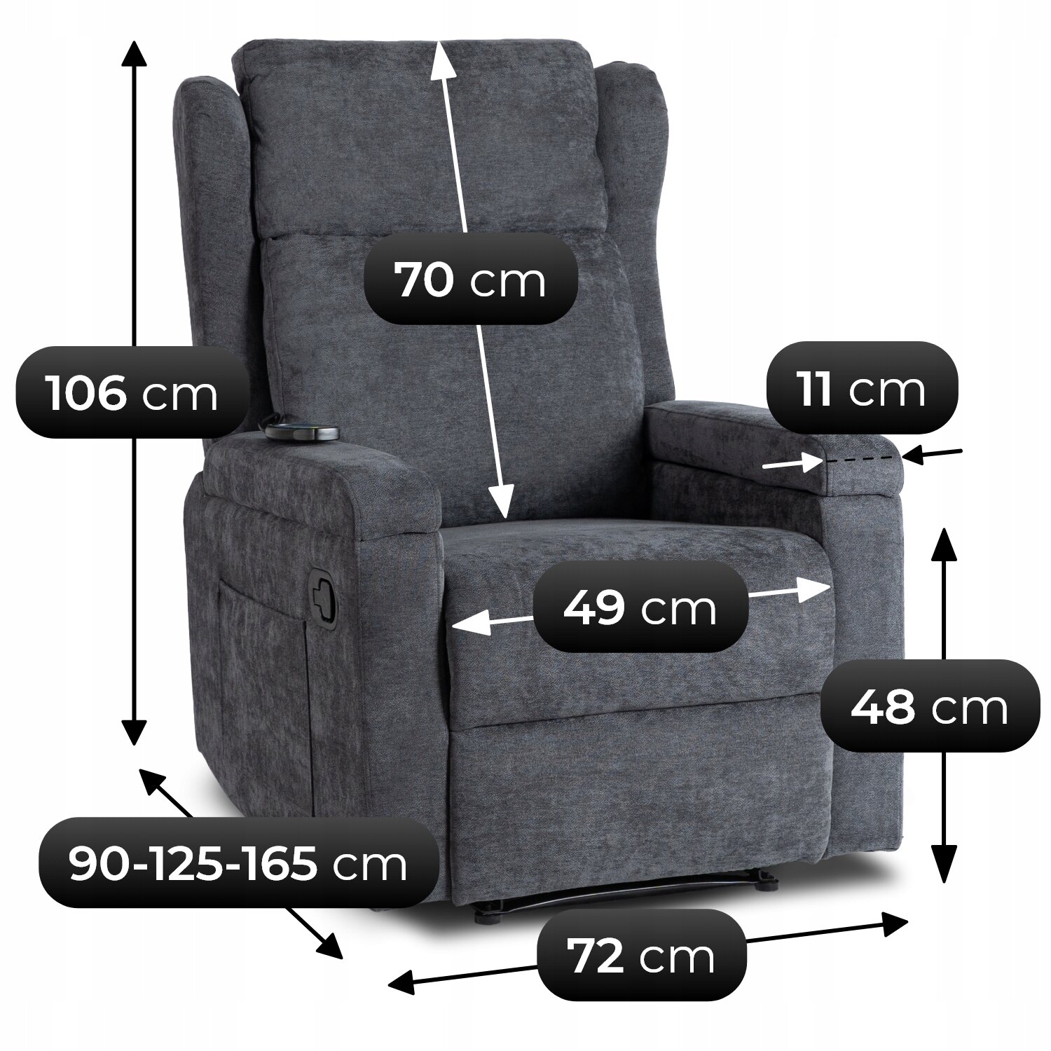 Ciemnoszary fotel masujący rozkładany z podanymi wymiarami: wysokość 106 cm, szerokość 72 cm, głębokość 90-125-165 cm, wysokość oparcia 70 cm, szerokość siedziska 49 cm, wysokość podłokietnika 11 cm, wysokość siedziska 48 cm.