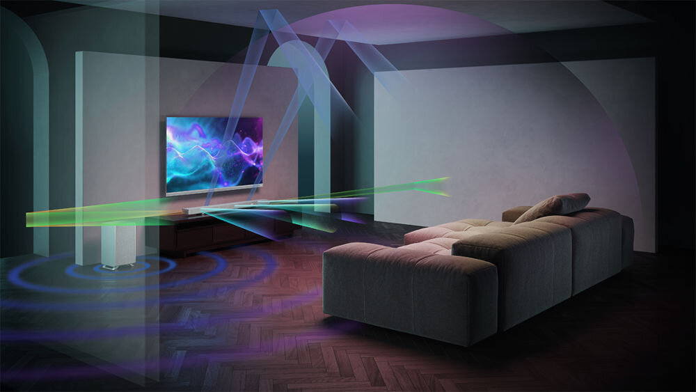 Soundbar SHARP HT-SBW55121 system 5.1.2 moc 650 W subwoofer głęboki bas, soundbar stojący na komodzie wraz z subwooferem stojącym na podłodze, z których wydobywa się dźwięk