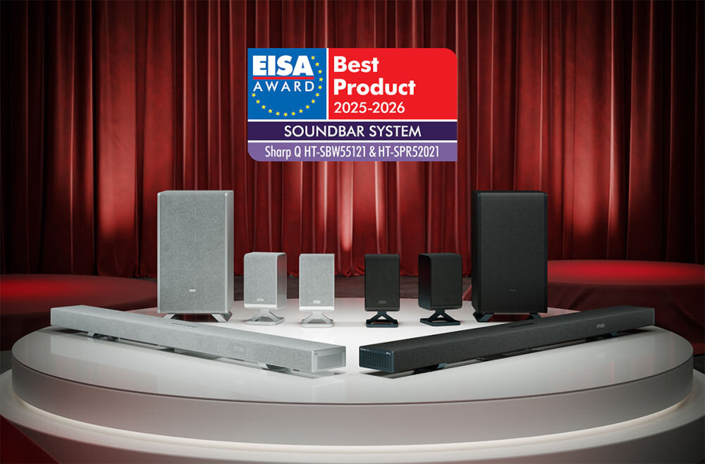 Soundbar SHARP HT-SBW55121 HT-SPR52021 EISA 2025-2026 nagroda system soundbar, nagroda EISa , zestawy stojące na okrągłym postumencie