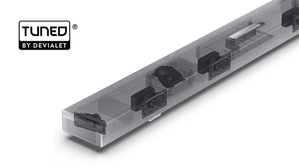 Soundbar SHARP HT-SBW55121 Devialet czysty zrównoważony dźwięk, przekrój soundbara na białym tle