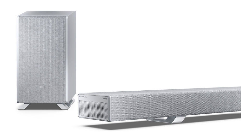 Soundbar SHARP HT-SBW55121 elegancki design srebrna tkanina trwałość, soundbar z subwooferem na białym tle