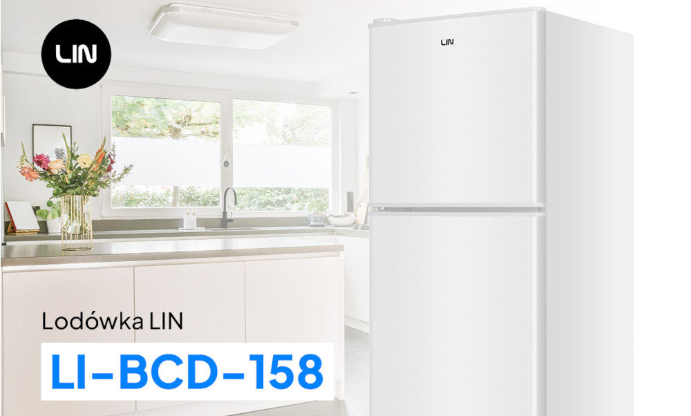 LODÓWKA LIN LI-BCD-158 BIAŁA lifestyle kuchnia lodówka bok zamknięta kolor biały górna zamrażarka
