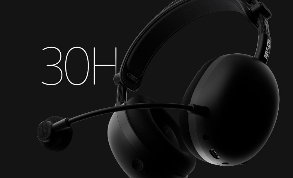 Słuchawki SONY Inzone H9 II bateria 30 godzin szybkie ładowanie przez USB-C, słuchawki nauszne na czarnym tle , logo 30 h