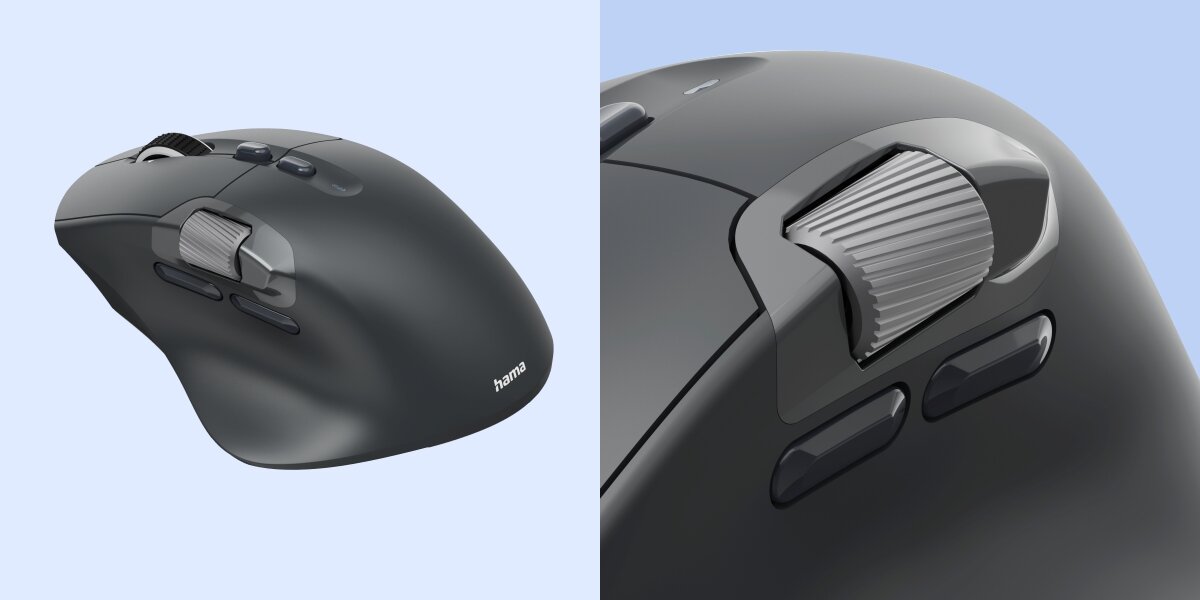 Mysz HAMA WM-900 Czarny Zbliżenie na boczny panel myszy Hama z drugą rolką przewijania i przyciskami pod kciuk dla lepszej wydajności.