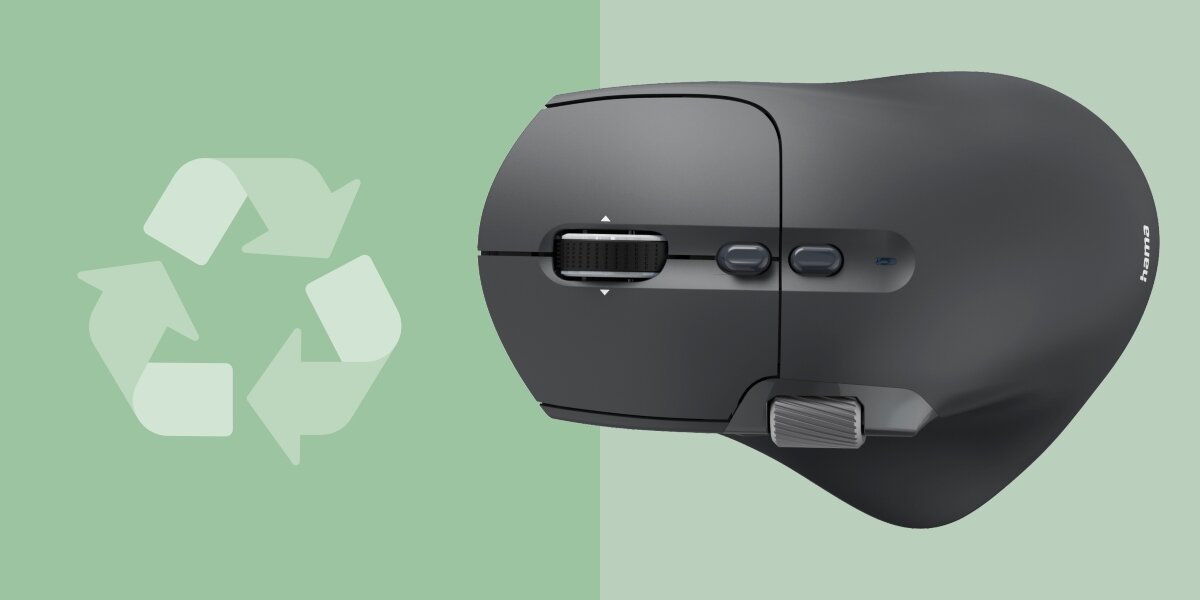 Mysz HAMA WM-900 Czarny Ekologiczna mysz Hama wykonana z materiałów z recyklingu, z symbolem recyklingu na zielonym tle.