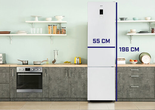 Lodówka MPM-311-FF-56 w zabudowie kuchennej z oznaczeniem jej poszczególnych wymiarów: 55 cm i 196 cm.
