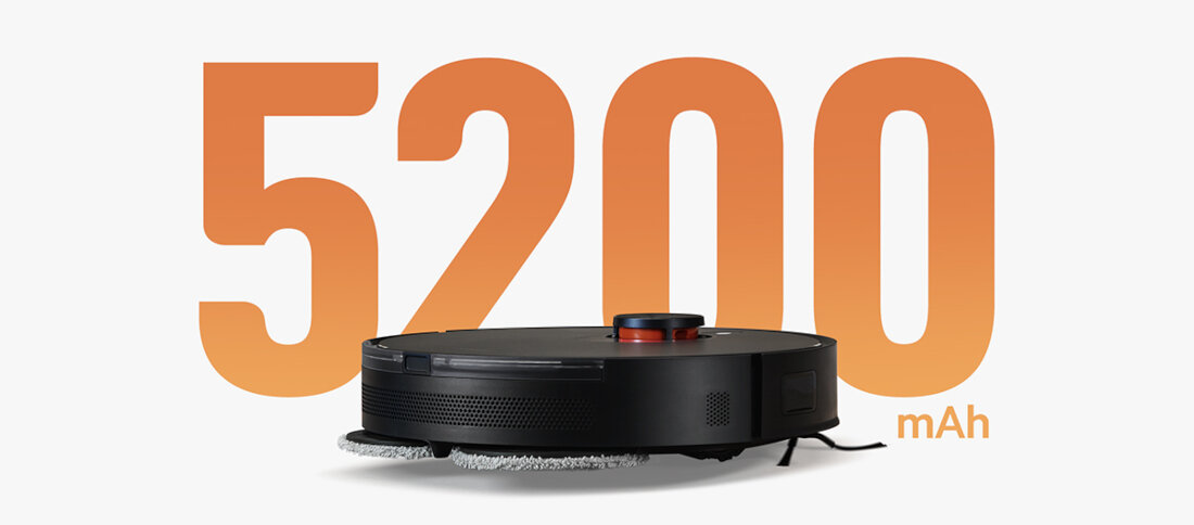 Czarny robot sprzątający z widocznym dużym napisem \'5200 mAh\' w tle.
