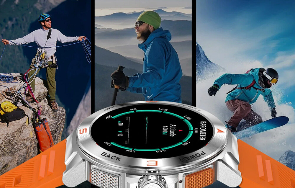 Smartwatch BLITZWOLF BW-AT5 kolaż aktywności wspinaczka snowboard   