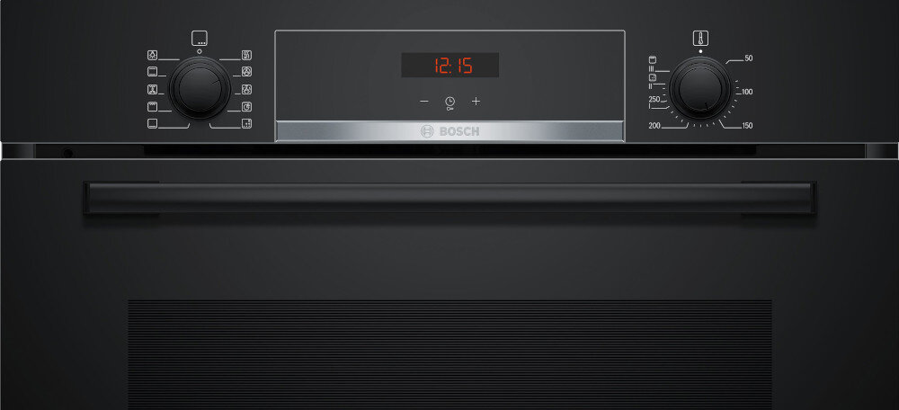 PIEKARNIK BOSCH HBA554EB3 panel front wyświetlacz LED ikony dwa pokrętła kolor czarny oznaczenie funkcje programy grzałki intuicyjny wyświetlacz LED czerwone podświetlenie łatwe sterowanie