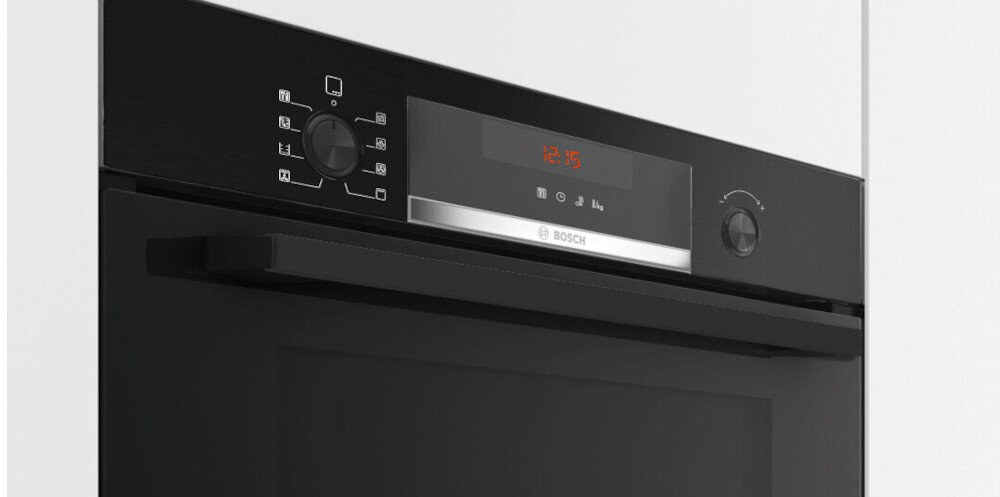 PIEKARNIK BOSCH HBA554EB3 lifestyle wizualizacja panel bok pokrętła wyświetlacz aktywny uruchomiony godzina ikony funkcje programy chowane pokrętła funkcjonalność elegancja minimalistyczny design czysta powierzchnia brak zabrudzeń bezpieczeństwo dzieci ochrona kliknij przekręć wciśnij łatwa obsługa wygoda użytkowania