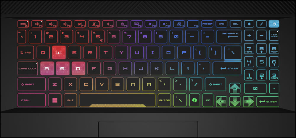 Laptop MSI Sword 17 HX B14VGKG-249XPL 17 IPS 165Hz i7-14650HX 16GB RAM 1TB SSD GeForce RTX4060 DLSS 3
					precyzyjne klawisze w grze, klawiatura z 24-strefowym podświetleniem RGB, półprzezroczyste klawisze WSAD,
					skok klawiszy wynoszący ok. 1,7 mm, dedykowana klawiatura numeryczna, zbliżenie na klawiaturę