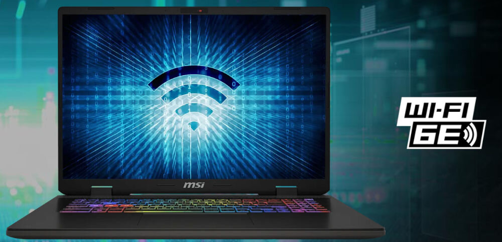 Laptop MSI Sword 17 HX B14VGKG-249XPL 17 IPS 165Hz i7-14650HX 16GB RAM 1TB SSD GeForce RTX4060 DLSS 3
					łączność Wi-Fi 6E, moduł Wi-Fi 6E, laptop z widocznym logiem Wi-Fi na ekranie, napis Wi-Fi 6E