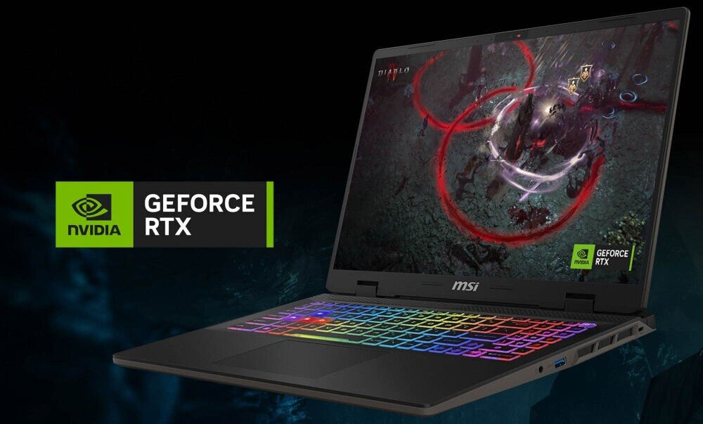 Laptop MSI Sword 17 HX B14VGKG-249XPL 17 IPS 165Hz i7-14650HX 16GB RAM 1TB SSD GeForce RTX4060 DLSS 3
					gamingowa grafika, 8 GB pamięci GDDR6, obsługa technologii DLSS 3 i Ray Tracingu, architektura Ada Lovelace,
					laptop, logo NVIDIA GeForce RTX