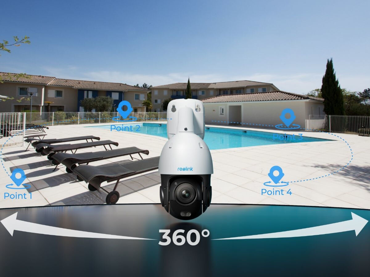 Kamera REOLINK P850 - Funkcja patrolu, kamera od frontu w tle obraz tarasu z basenem