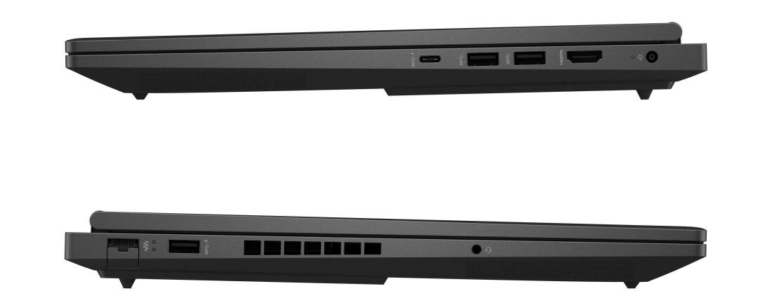 Laptop HP Omen 16 - Dwa laptopy HP Omen 16 o identycznym designie, ukazujące złącza po bokach w różnych ujęciach. 