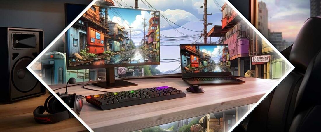 Laptop HP Omen 16 - Laptop HP Omen 16 z klawiaturą i myszką na biurku, gotowy do pracy lub rozrywki.   