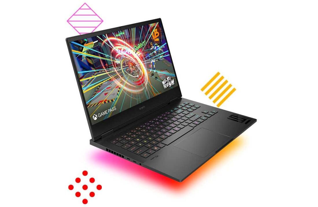 Laptop HP Omen 16 - Laptop HP Omen 16 z otwartą klapą, charakteryzujący się żywym i kolorowym wzorem.   