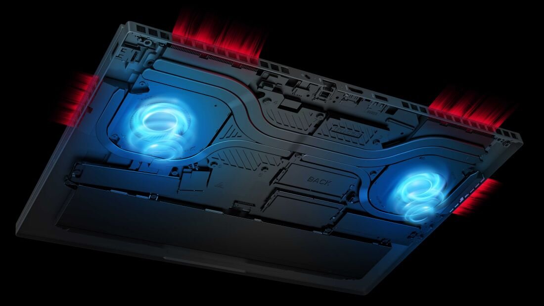 Laptop HP Omen 16 - HP Omen 16 z dwoma wentylatorami, prezentujący zaawansowany układ chłodzenia.   