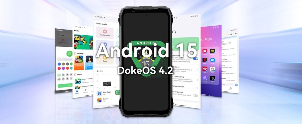 Na obrazie widoczny jest smartfon z ekranem wyświetlającym logo Android 15 oraz napis \'DokeOS 4.2\'. W tle znajdują się rozmyte ekrany aplikacji i ustawień systemowych.
