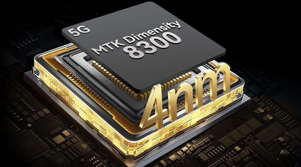 Obraz przedstawia procesor z napisem \'5G MTK Dimensity 8300\' oraz dużym, złotym napisem \'4nm\'.