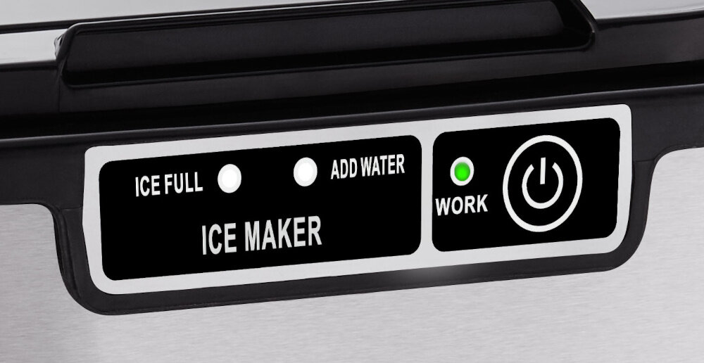 Panel sterowania kostkarki do lodu z przyciskami i wskaźnikami: \'ICE FULL\', \'ADD WATER\', \'ICE MAKER\', \'WORK\'.