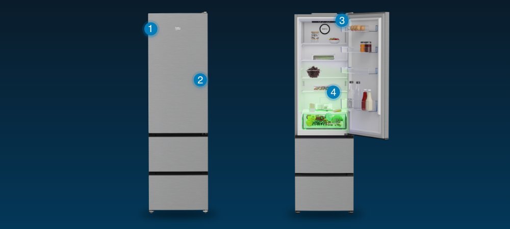 LODÓWKA BEKO B3RGNA354HXB1 otwarta front dodatkowe cechy tes wytrzymałościowy Lider Jakości panel elektroniczny sterowanie