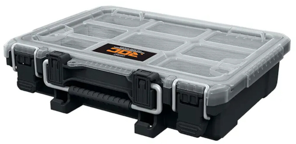 Organizer narzędziowy KETER Roc Pro Gear 2.0 ogranizer na białym tle widoczny od przodu pod skosem porządek w domowym warsztacie garażu czy miejscu pracy przemyślana konstrukcja z siedmioma pojemnika efektywność