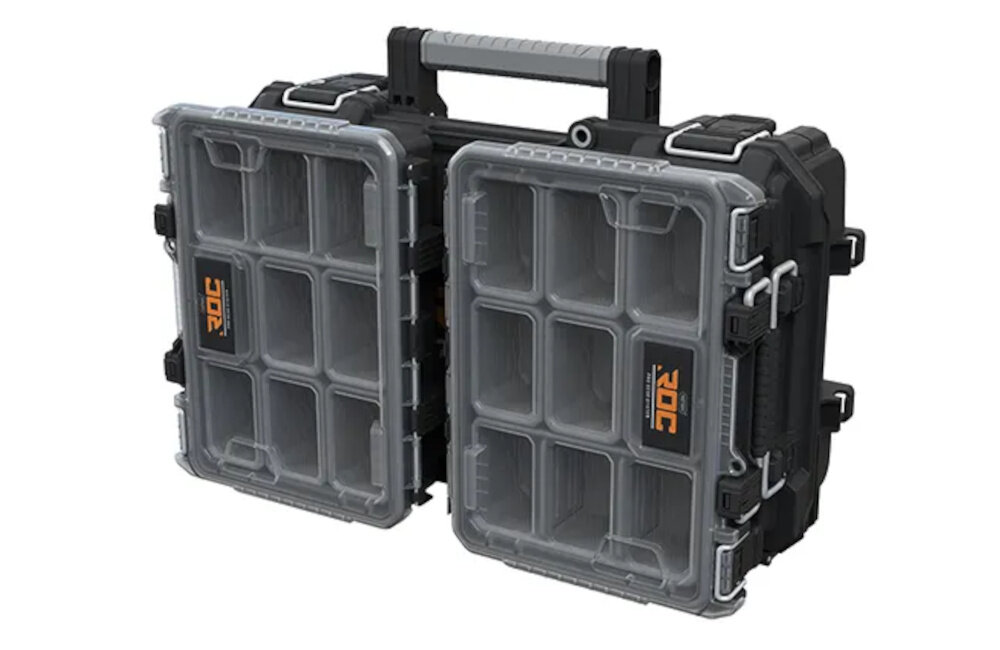 Organizer narzędziowy KETER Roc Pro Gear 2.0 dwa organizeru na skrzynkach widok pionowy białe tło waga około 1,21 kg wymiary 34,8 x 26,8 x 9,5 cm lekki i łatwy w przenoszeniu pojemność do 4,3 l ładowność do 13,6 kg