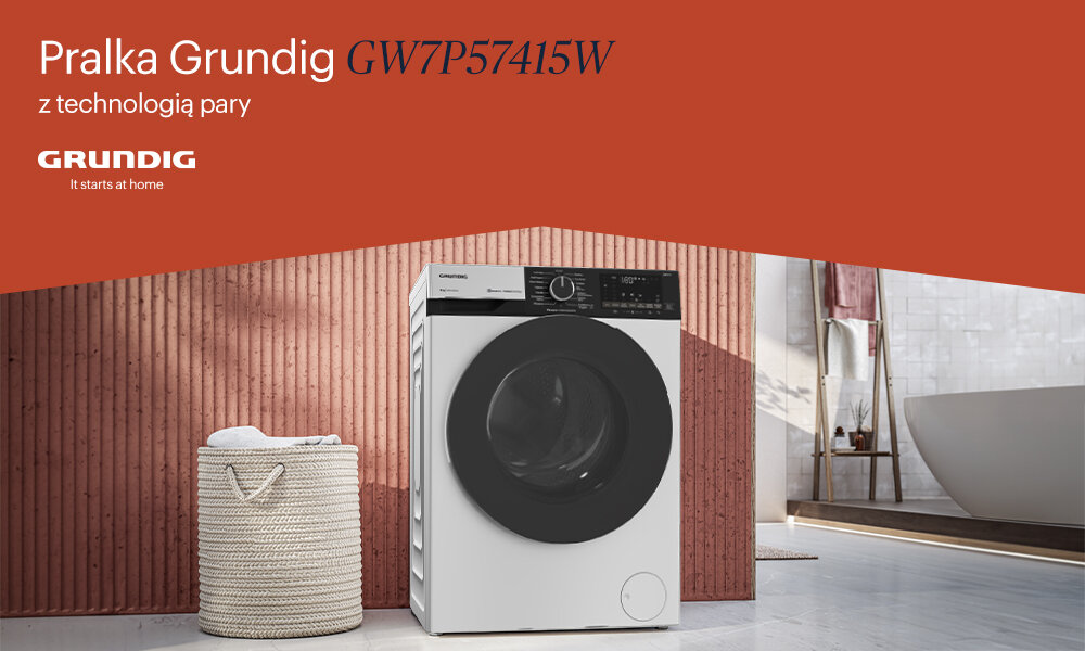 PRALKA GRUNDIG GW7P57415W Na grafice 1.jpg przedstawiono pralkę Grundig GW7P57415W z technologią pary, ustawioną w nowoczesnej łazience w ciepłej, minimalistycznej aranżacji. Górna część obrazu wypełniona jest czerwonym polem z logo Grundig oraz napisem „Pralka Grundig GW7P57415W z technologią pary”