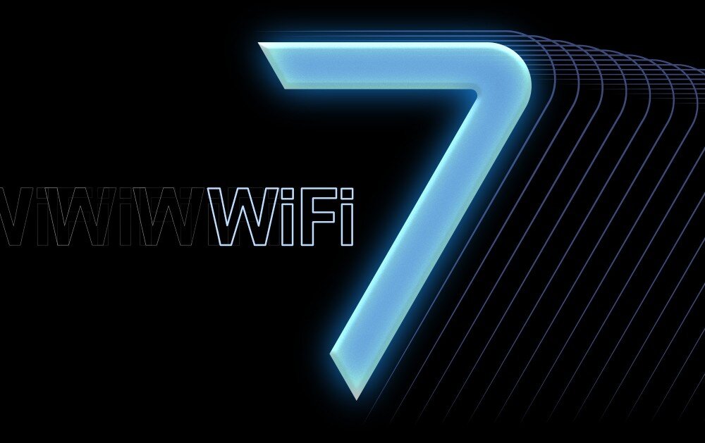 Karta sieciowa MSI HERALD BE9400 Duża cyfra 7 z napisem 'WiFi' na ciemnym tle, z powielonymi konturami tworzącymi efekt głębi po prawej stronie, standard, technologia, łączność