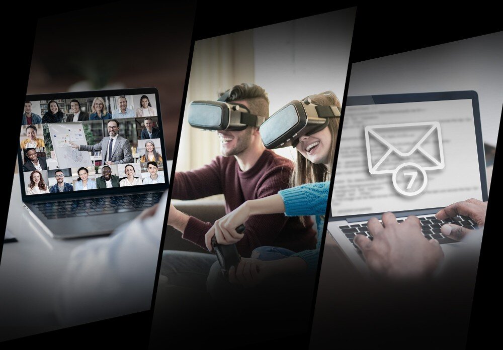 Karta sieciowa MSI HERALD BE9400 Trzy ukośne panele pokazujące laptopa z wideokonferencją, parę w goglach VR z kontrolerami oraz ręce piszące na laptopie z ikoną koperty, prędkość, przepustowość
