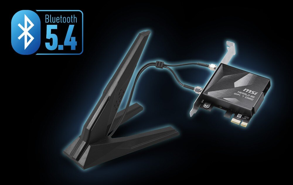 Karta sieciowa MSI HERALD BE9400 Zewnętrzna antena połączona dwoma kablami z kartą sieciową PCIe, a w lewym górnym rogu widnieje logotyp technologii 'Bluetooth 5.4', Bluetooth, akcesoria