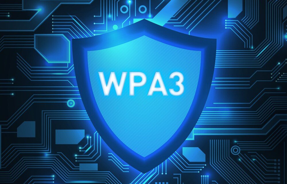 Karta sieciowa MSI HERALD BE9400 Grafika przedstawiająca tarczę obronną z napisem 'WPA3' na tle ścieżek i obwodów drukowanych płyty elektronicznej, zabezpieczenia, szyfrowanie