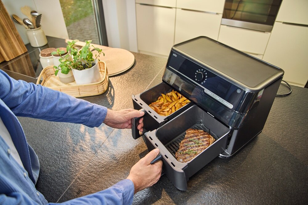 Air Fryer Frytkownica beztłuszczowa BRAUN TwinCook 5 TD5073 funkcja synchronizacji, dwa czasy pieczenia, dania gotowe w jednym czasie