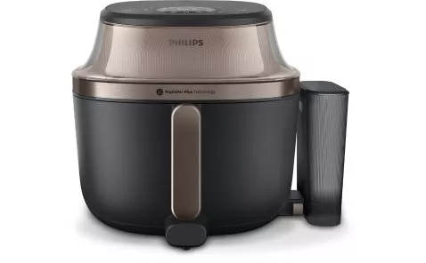 Na obrazie widoczna jest beztłuszczowa frytkownica o nowoczesnym designie, z ciemnym korpusem i metalicznymi akcentami. Na urządzeniu znajduje się logo \'PHILIPS\' oraz napis \'Rapid Air Technology\'.