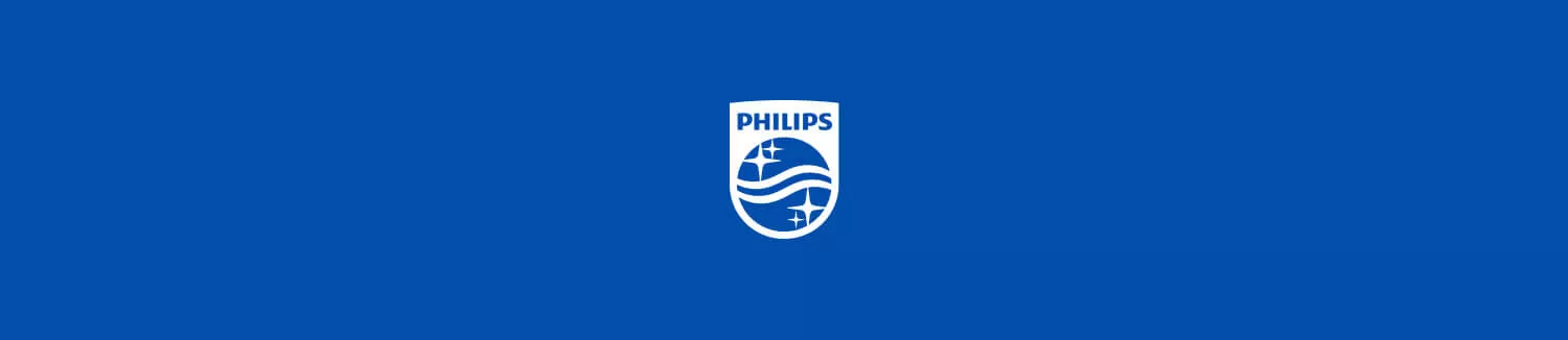 Na niebieskim tle znajduje się logo z napisem \'PHILIPS\' oraz symbolami gwiazd i fal.