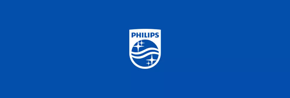 Logo PHILIPS na niebieskim tle, przedstawiające biały herb z falami i gwiazdami.