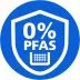 Niebieska ikona w kształcie tarczy z białym napisem \'0% PFAS\'.