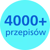 Niebieskie koło z białym obramowaniem zawiera tekst \'4000+ przepisów\' w kolorze niebieskim.