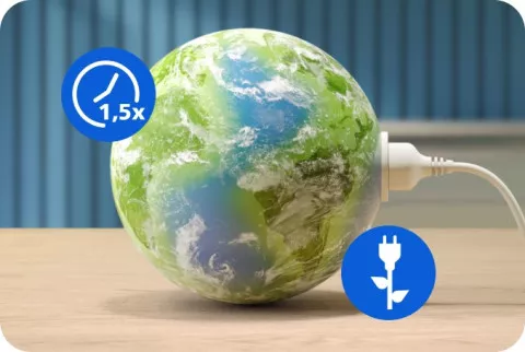 Obraz przedstawia kulę ziemską z wtyczką elektryczną podłączoną do niej. Na obrazie znajdują się dwa symbole: jeden z napisem \'1,5x\', a drugi przedstawia wtyczkę z liściem.