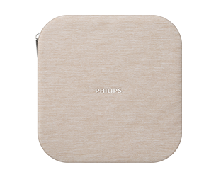 Kwadratowe etui w kolorze beżowym z napisem \'PHILIPS\' na środku.