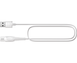 Biały kabel USB z wtyczką USB-A na jednym końcu i okrągłym złączem na drugim końcu.