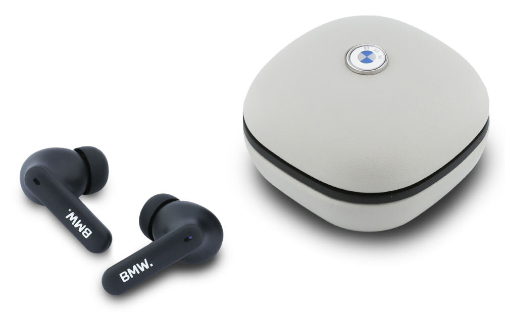Słuchawki BMW Bluetooth TWS stacja dokująca czarne USB-C dotykowe sterowanie bezprzewodowe, słuchawki wraz z etui ładującym na białym tle