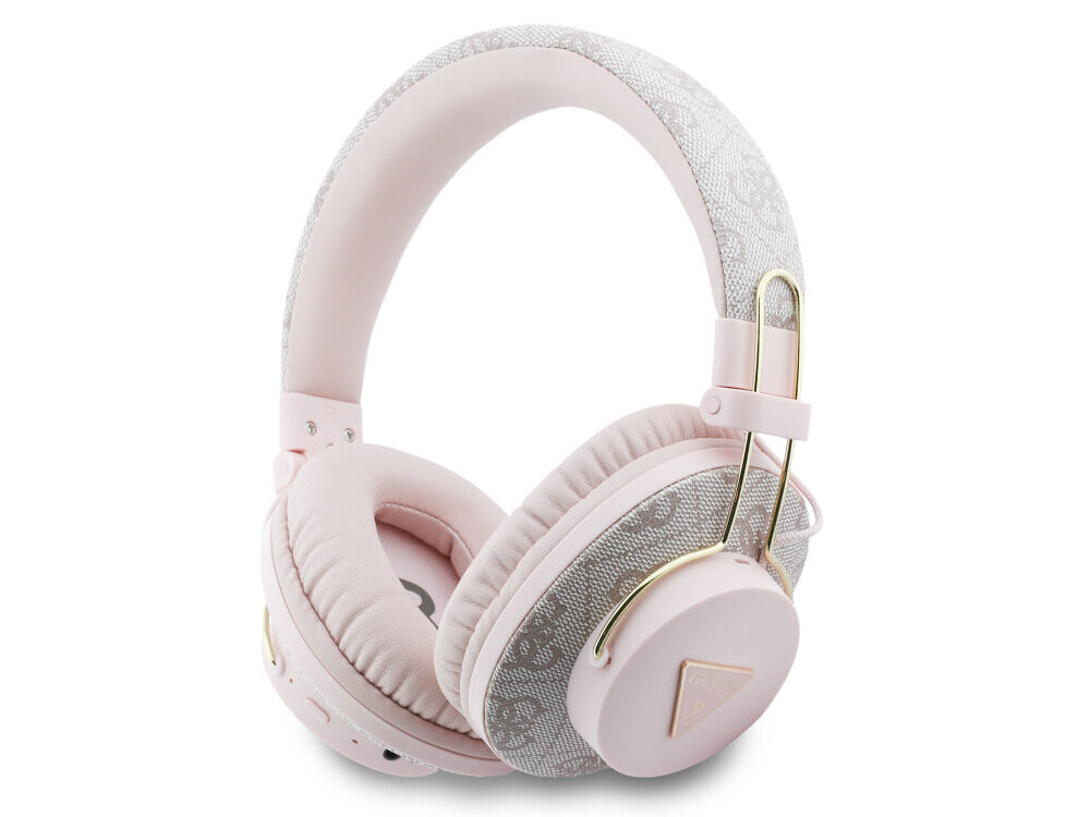 Różowe słuchawki nauszne z logo w kształcie trójkąta na nauszniku. Pałąk i nauszniki mają wzór z delikatnym motywem dekoracyjnym.